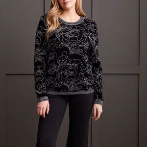 Tribal Black & Grey Floral Jacquard Scoop Neck Sweater NWT XL